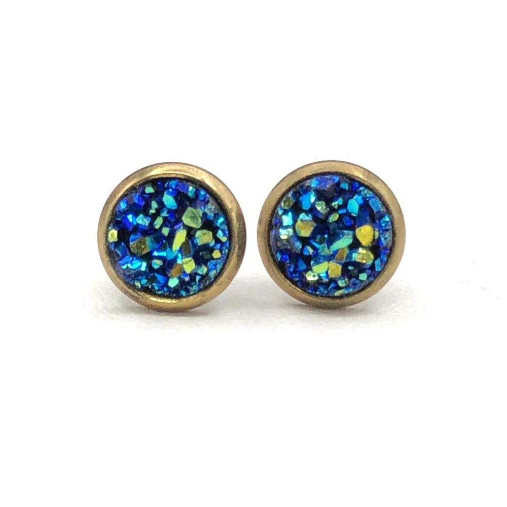 Convertible Earrings Blue Green Druzy Studs‎ Gold Tone Spray Jackets